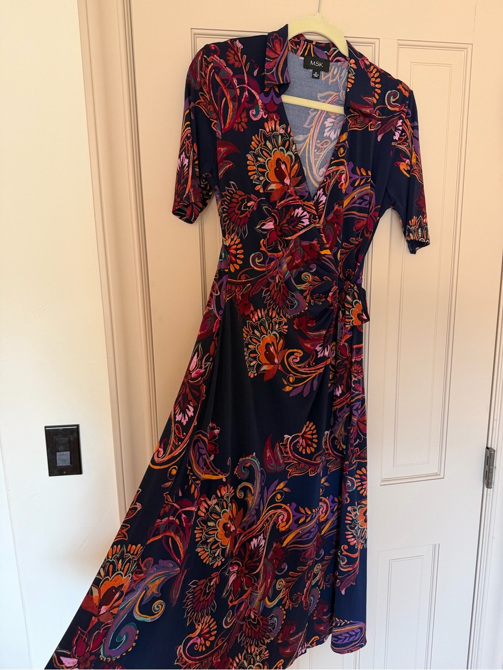 MSK Navy Wrap Dress with Multicolor Floral Paisley Print